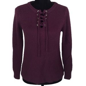 Ribbed Lace-Up Solid Burgundy Warm Cozy Top Size S